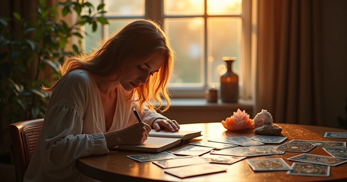 Pessoa escrevendo em diário ao lado de cartas de tarot 