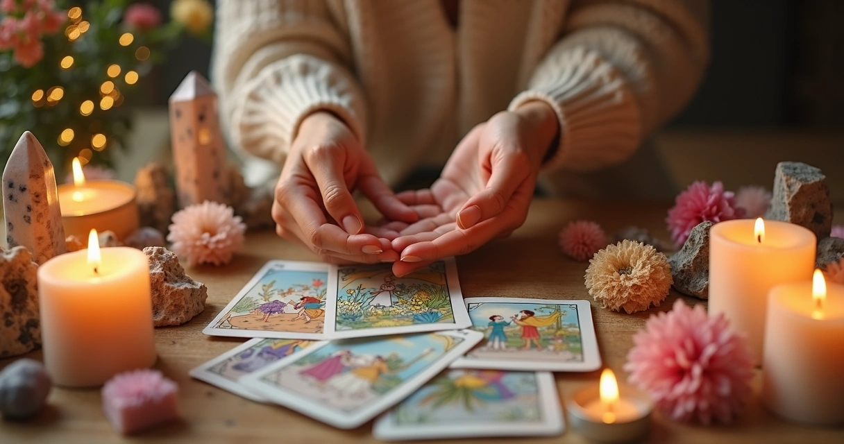 Cartas de tarot coloridas e mãos femininas em mesa com cristais e velas 