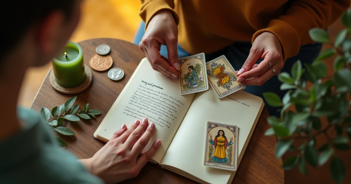 Pessoa organizando cartas de tarot, moedas e vela verde em ritual simples