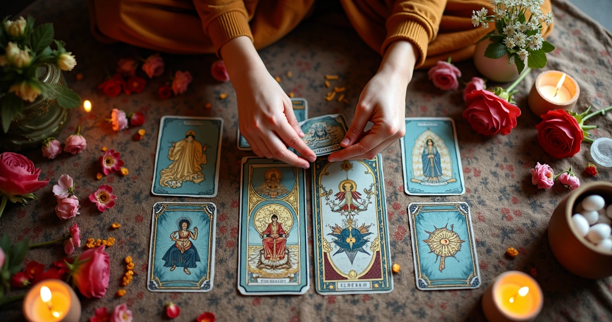 Ritual espiritual com cartas de tarot e flores 