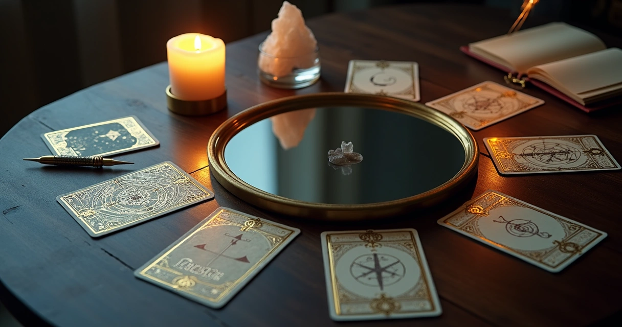 Mesa escura com cartas de tarot hermético formando um círculo ao redor de um espelho dourado 