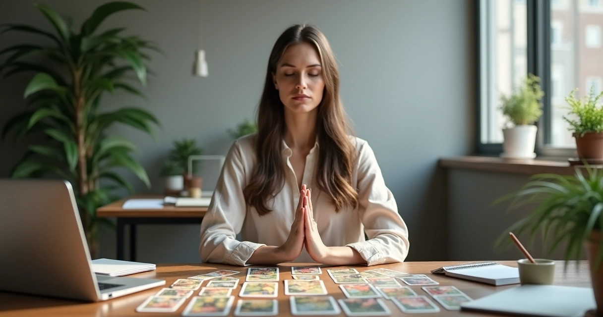 Pessoa realizando ritual com cartas de tarot em ambiente empresarial 