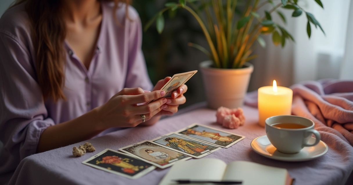 Mulher segurando carta de tarot em ritual de autoconhecimento com velas e cristais 