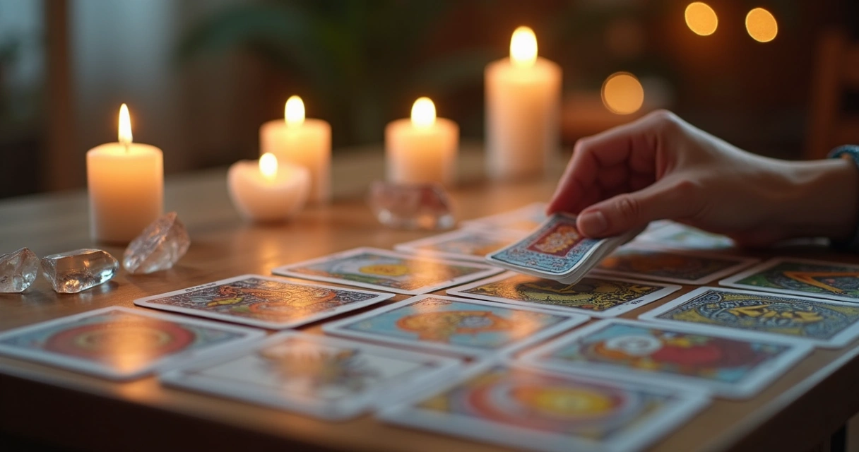 Cartas de tarot sobre uma mesa com velas e cristais 