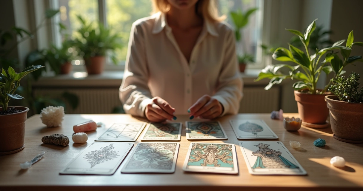 Pessoa posicionando cartas de tarot em ambiente sereno e iluminado 