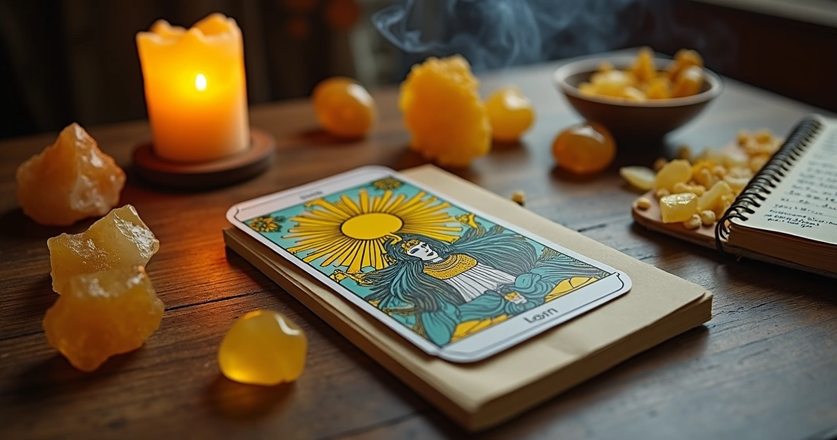 Mesa de madeira com cartas de tarot, cristais amarelos e vela acesa