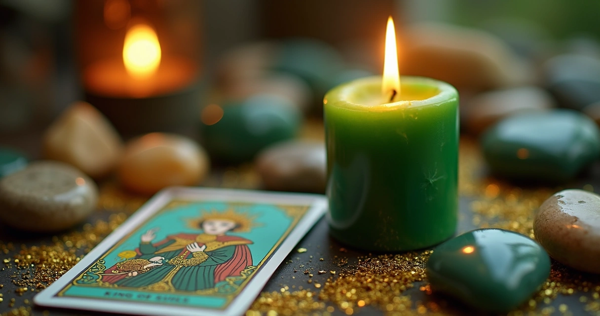 Vela verde acesa ao lado da carta tarot Rei de Ouros. 