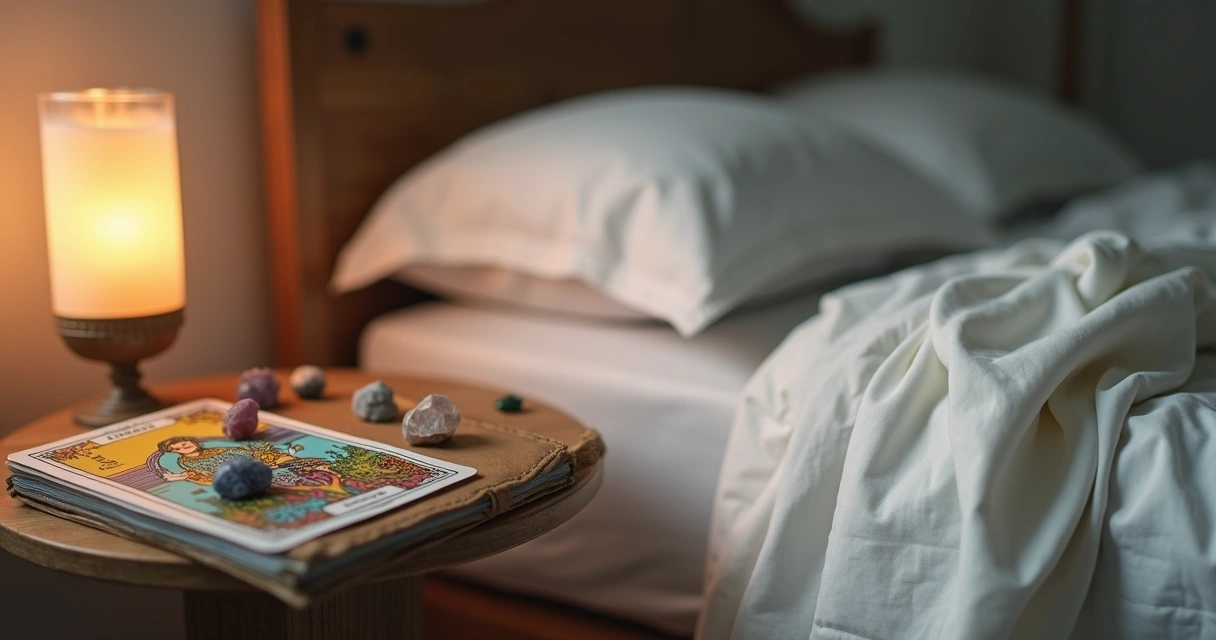 Baralho de Tarot, cristais e caderno ao lado de uma cama pronta para dormir 