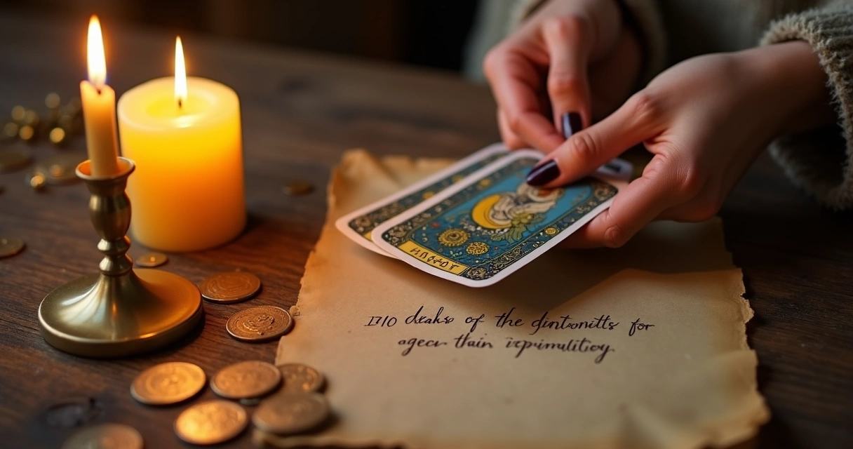 Pessoa realizando ritual com cartas de Tarot, vela acesa e afirmação escrita