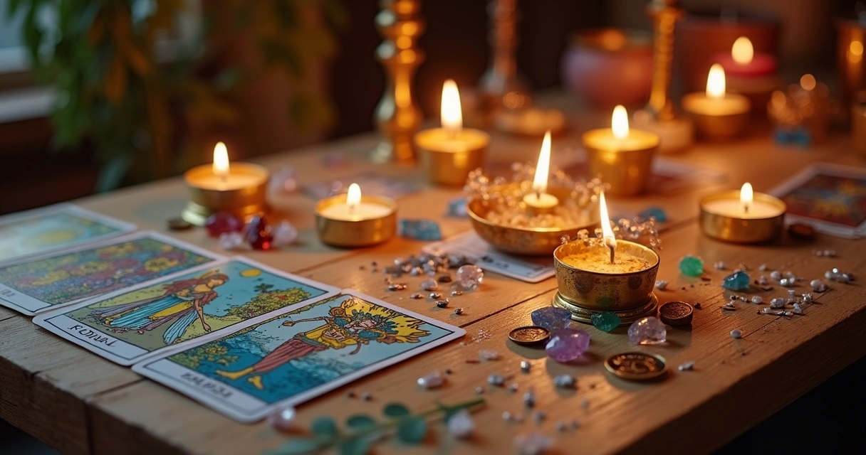 Cartas de tarot e velas acesas em ritual de ano novo 