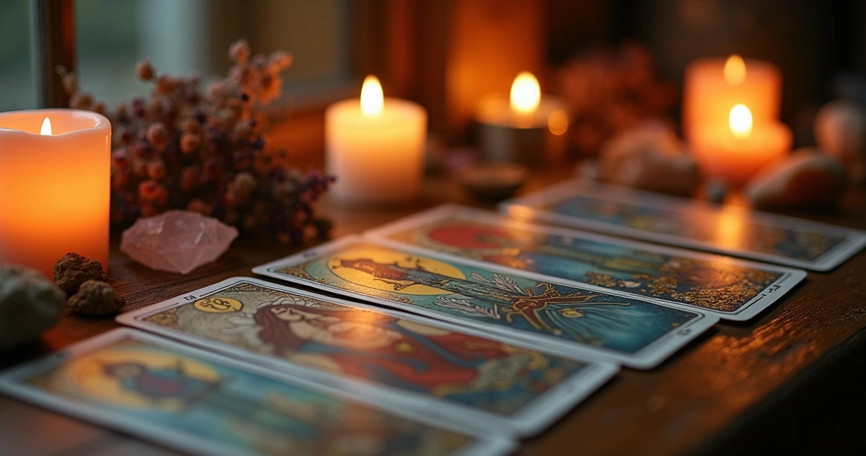 Tarot cards, burning candles and crystals on table 