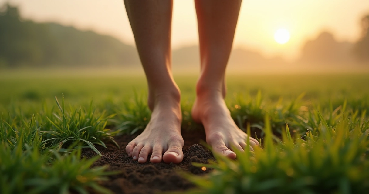 Pessoa de pés descalços em gramado úmido, sentindo a Terra 