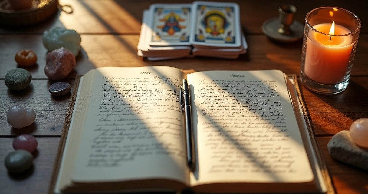 Tarot deck, journal, crystals, and candle arranged on a reading table 