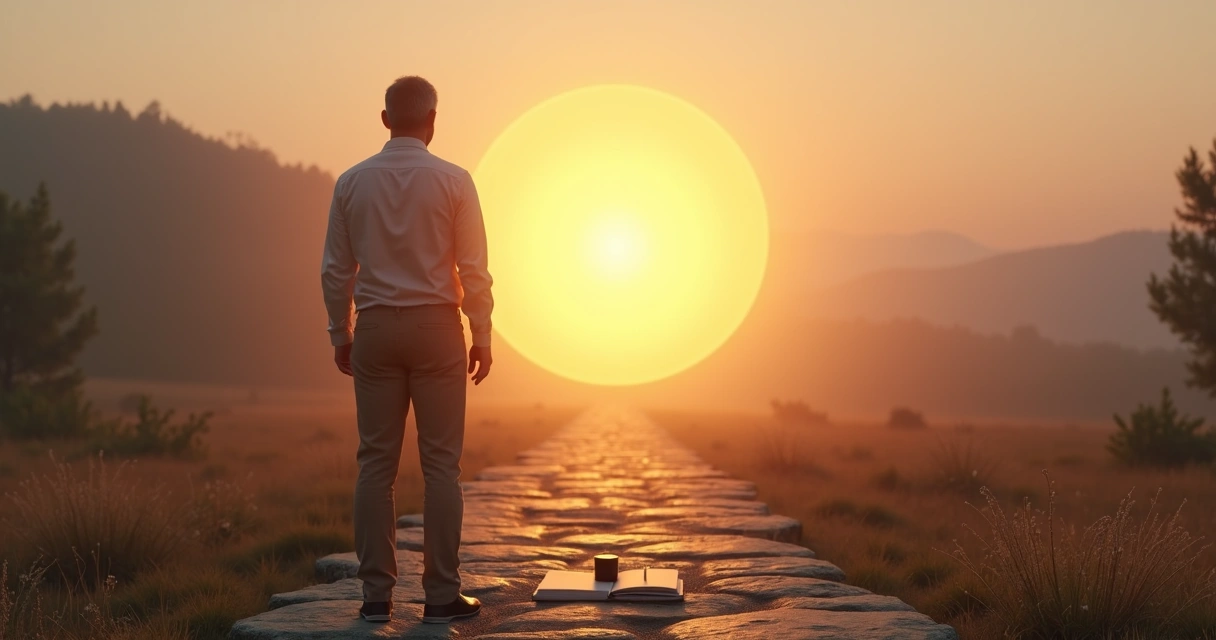 Pessoa em pé em frente a portal luminoso em paisagem natural ao amanhecer 