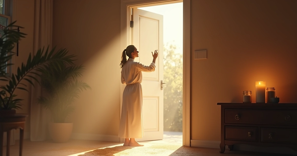 Pessoa soprando pó mágico na porta de casa, ambiente iluminado, expressão de concentração