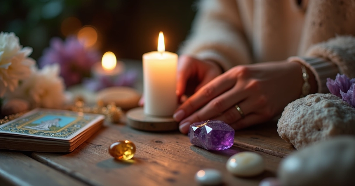 Mãos femininas acendendo vela em altar com cristais 