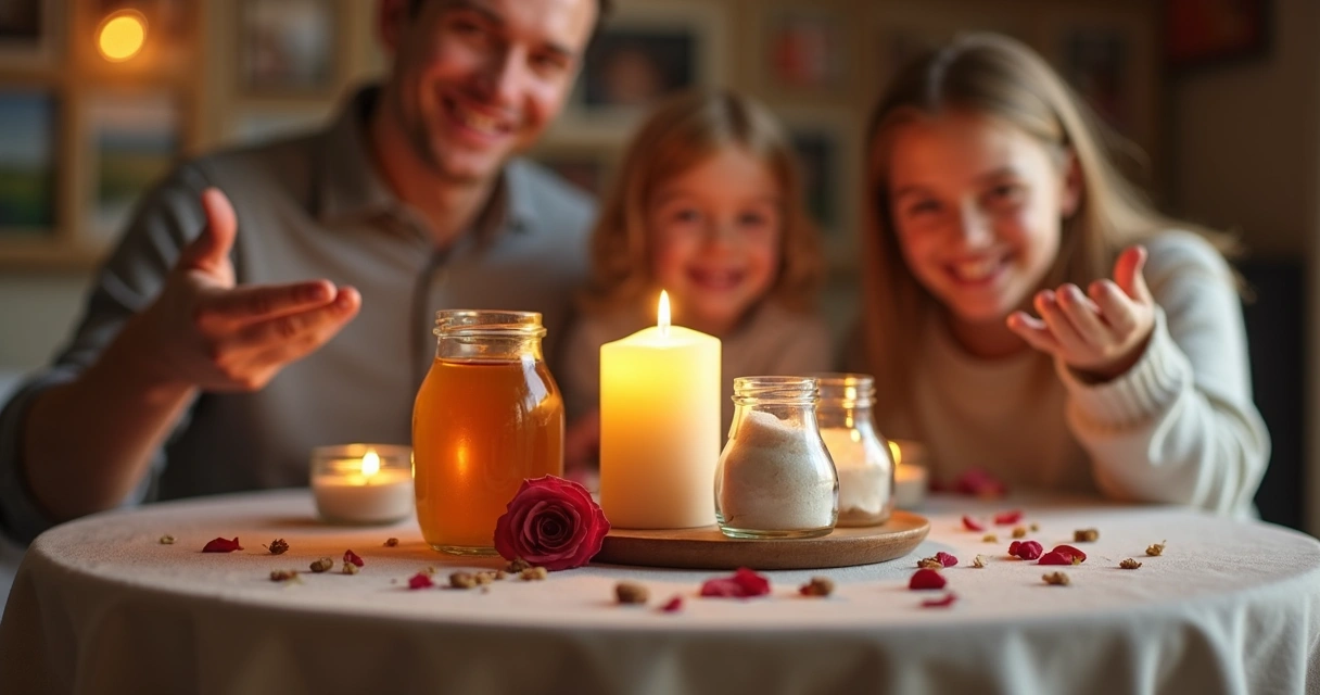 Vela acesa ao lado de potes com mel e flores secas. 