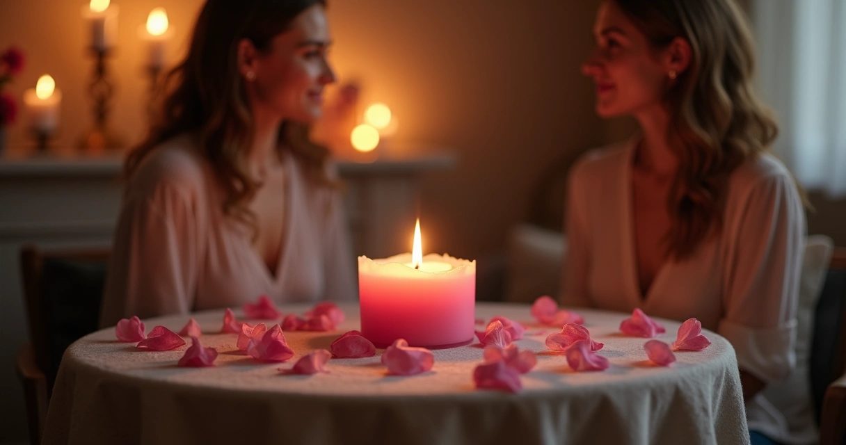 Ritual com vela aromática, pétalas de rosa e objetos de casal 