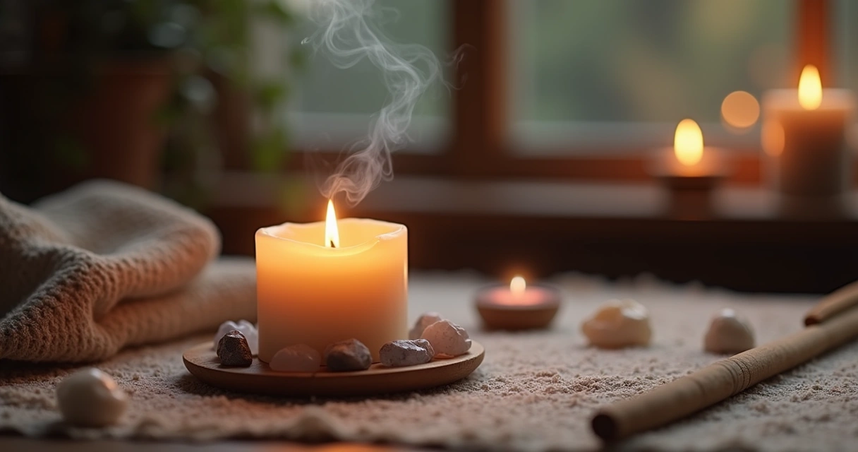 Mesa com vela aromática, cristais e incenso 
