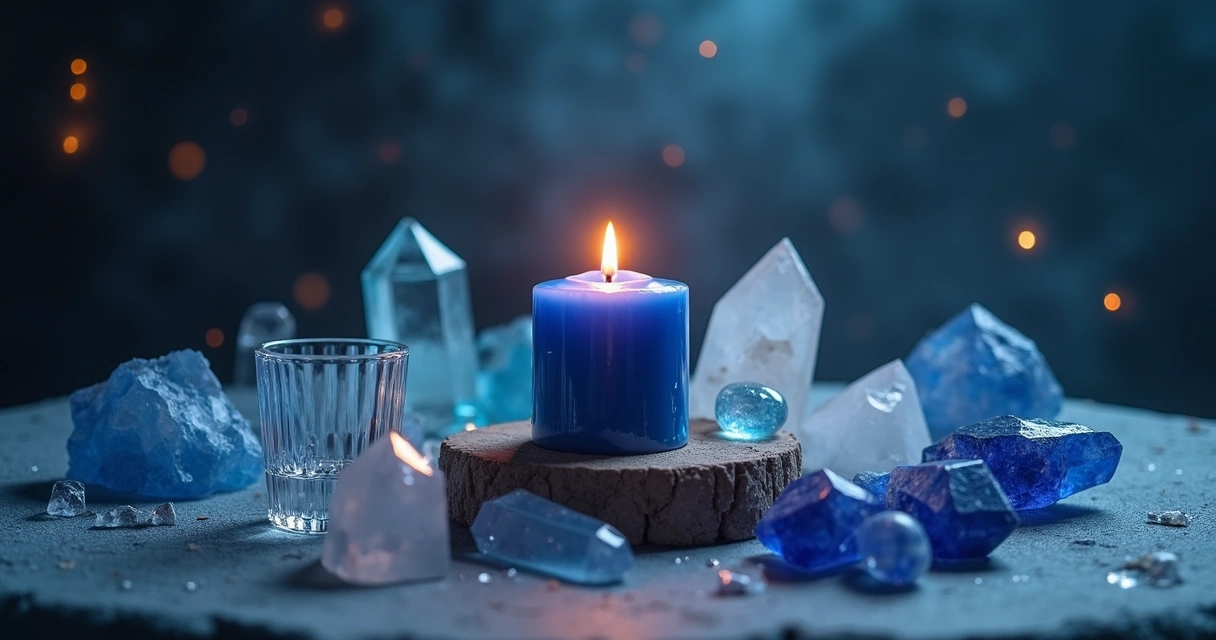Vela azul acesa com fumaça suave no centro de um altar, cristais ao redor e fundo escuro com luzes suaves 