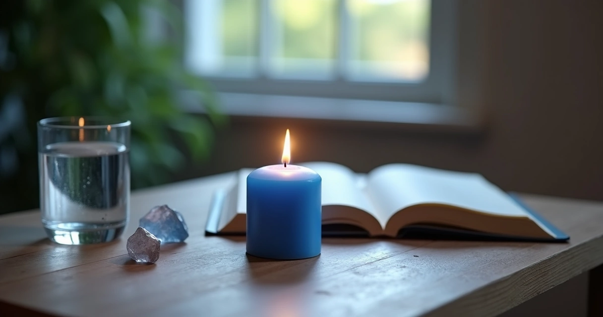 Ritual de vela azul para clareza mental em mesa de madeira 