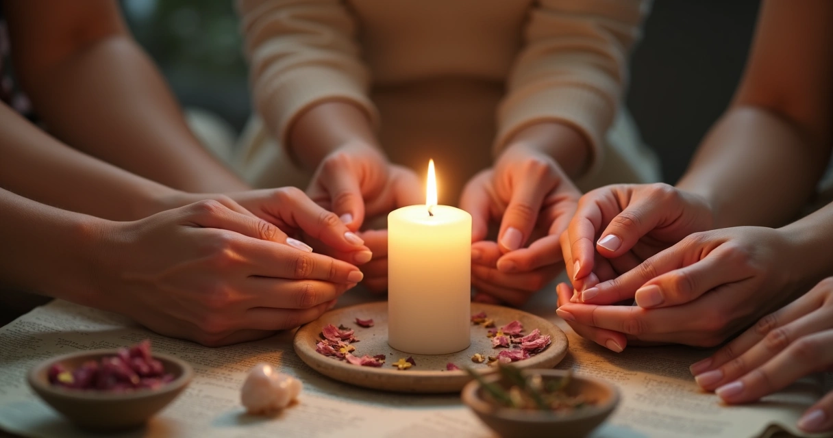 Pessoas segurando uma vela branca acesa em ambiente tranquilo 