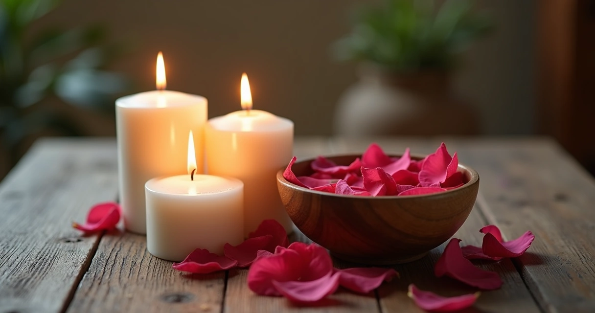 Velas brancas acesas ao lado de uma tigela com água e pétalas de rosa em uma mesa de madeira 
