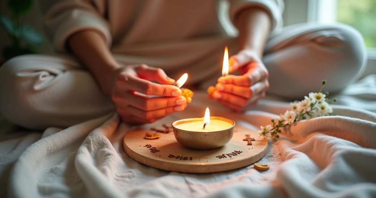 Mãos acendendo velas coloridas sobre toalha clara 