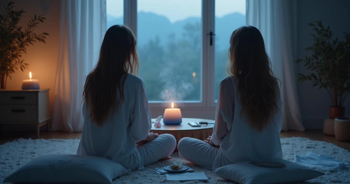 Pessoa realizando ritual com vela azul para harmonia em ambiente tranquilo 