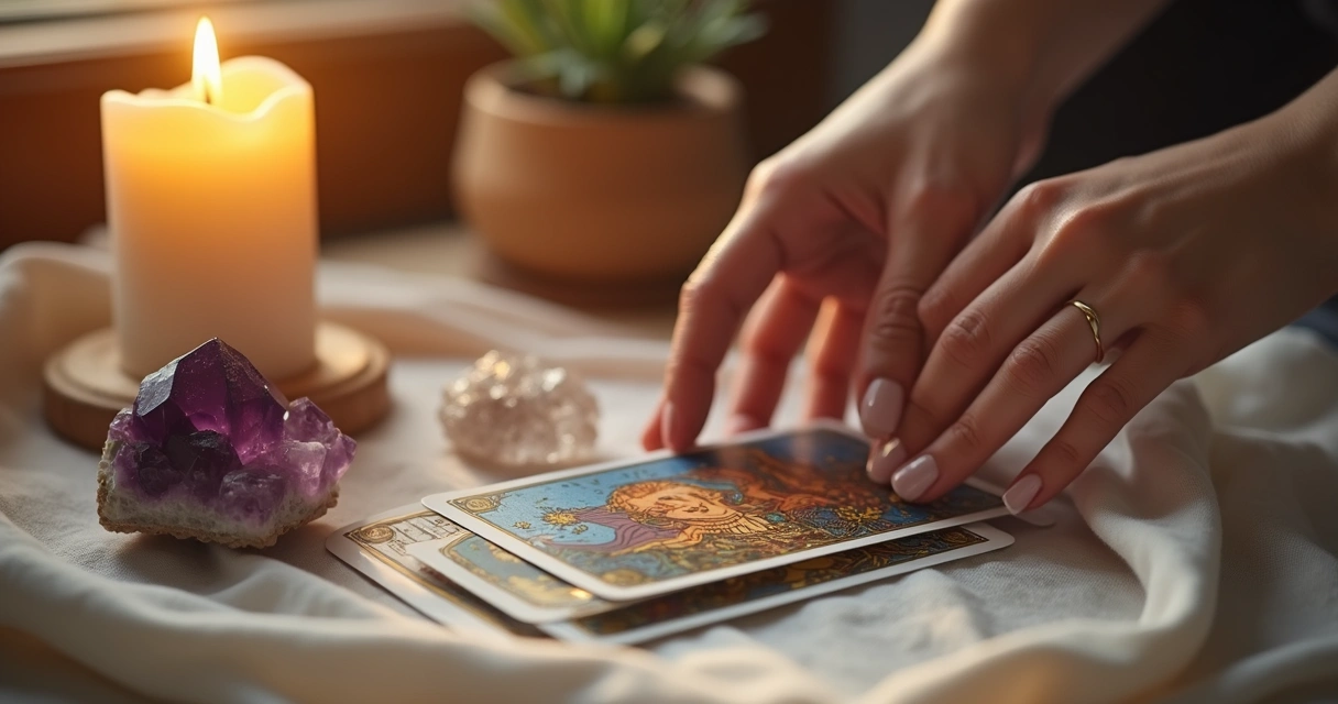 Vela acesa, cristais e cartas de tarot em um ritual de autocuidado 
