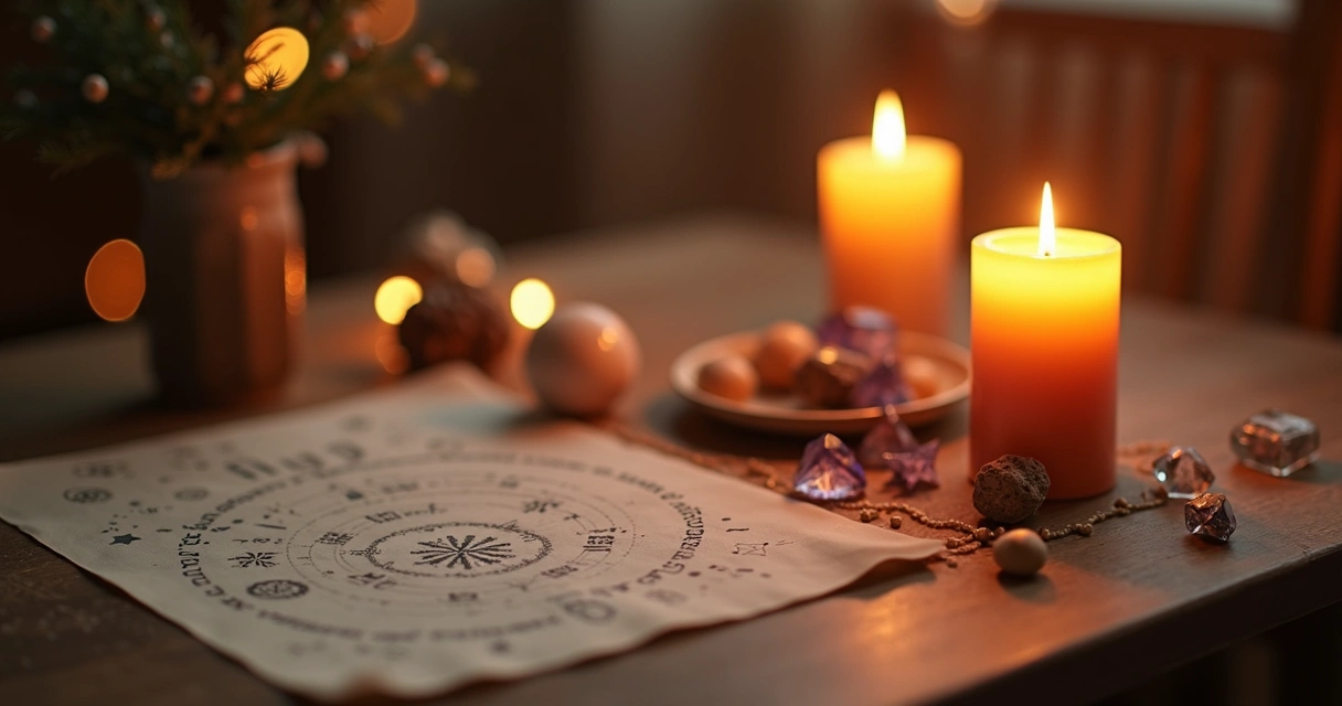 Mesa com velas acesas, cristais e estrelas desenhadas no papel 