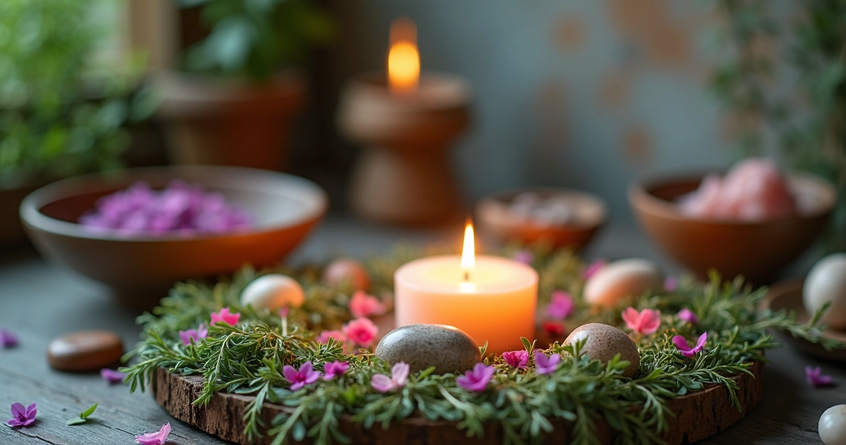 Vela acesa cercada por ervas e flores em altar esotérico 