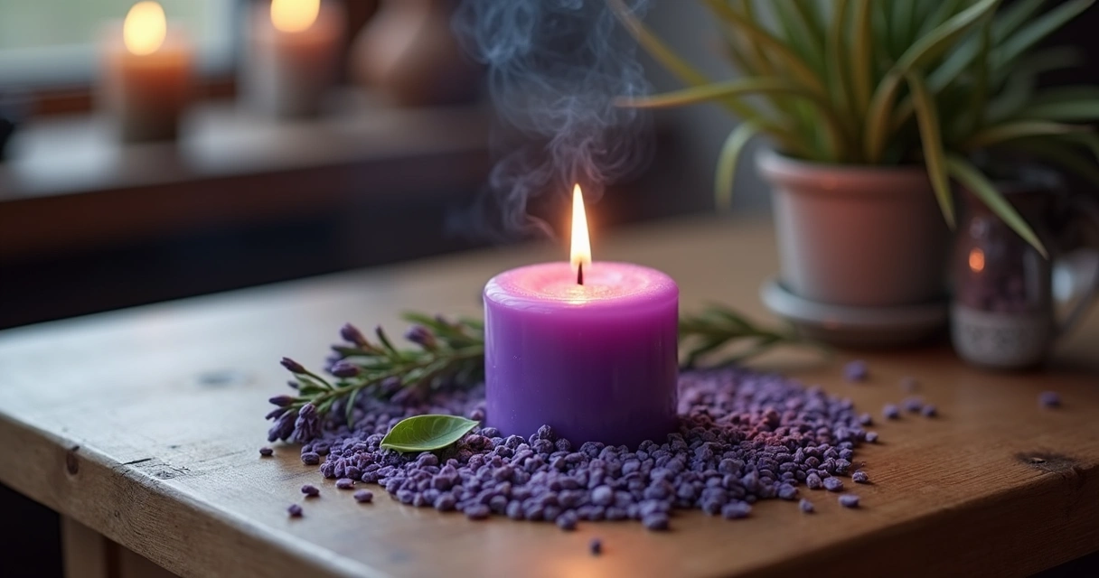 Ritual de vela violeta com ervas para intuição em mesa de madeira 