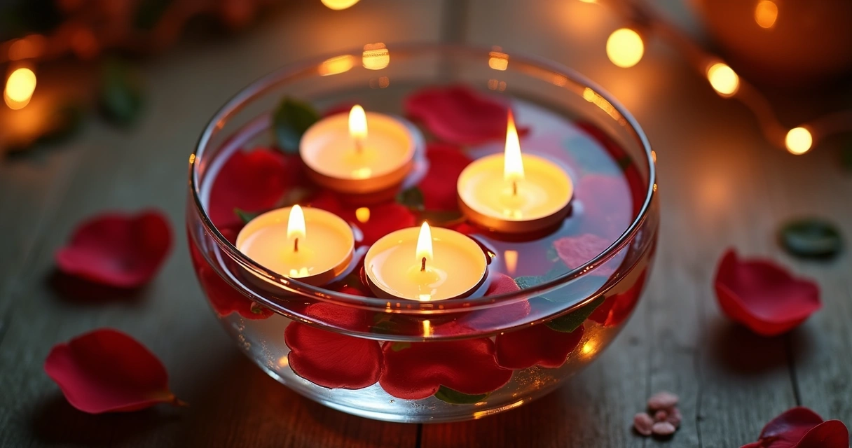 Vela flutuante acesa em recipiente de vidro com pétalas de rosas e folhas verdes em volta 