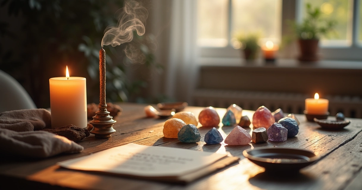 Vela, incenso e cristais em ritual sobre altar 