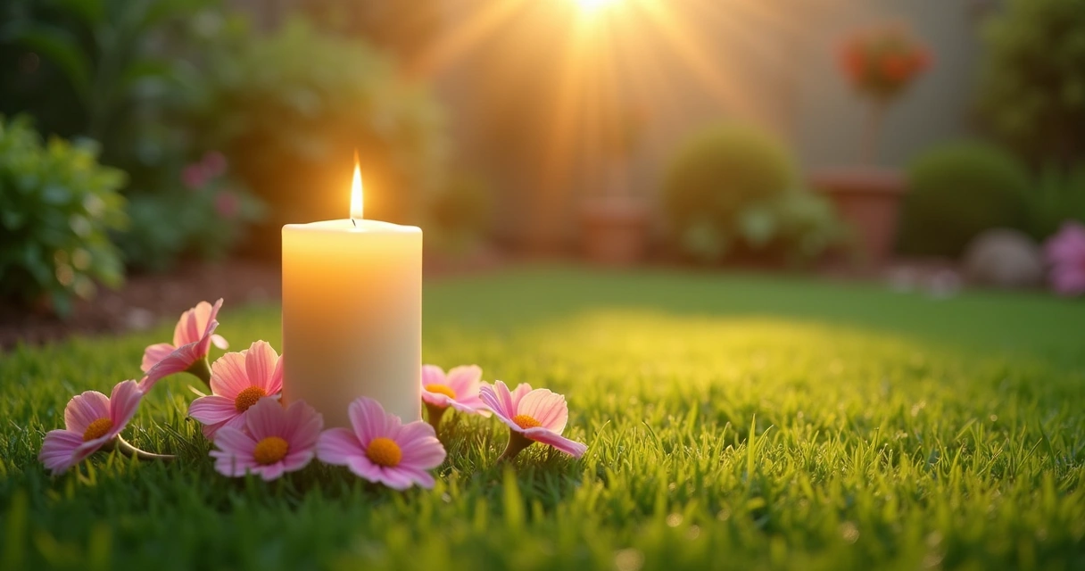 Vela acesa cercada de flores frescas em jardim ao entardecer 