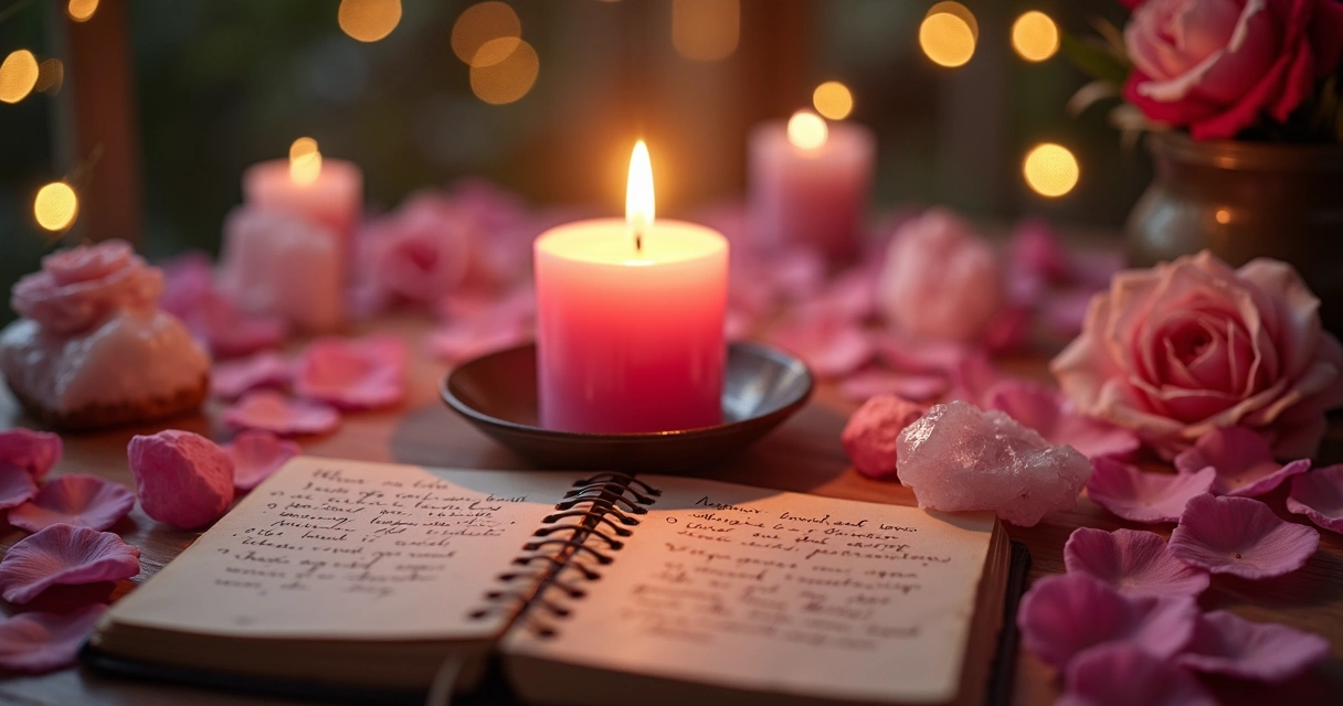 Ritual com vela rosa acesa, cristais, pétalas de rosa e caderno de desejos sobre altar esotérico 