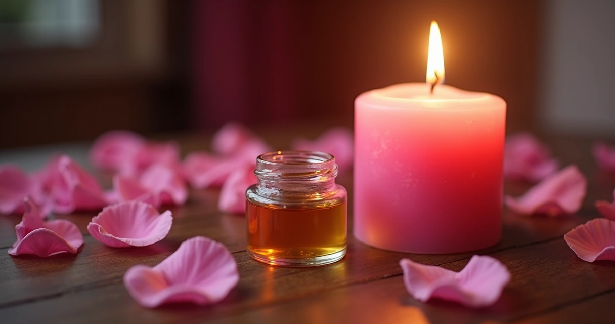 Vela rosa acesa com pétalas de rosa e pote de mel ao lado 