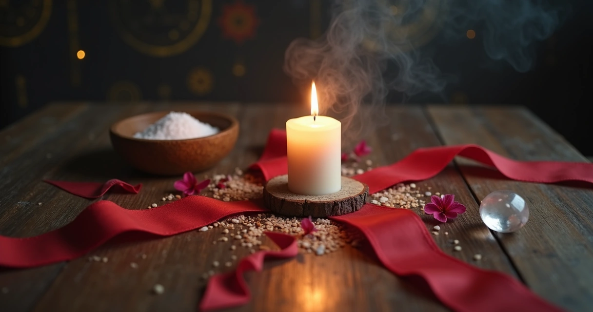 Uma vela acesa e laços cortados em uma mesa de madeira clara 