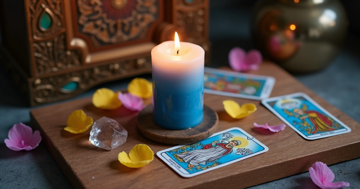 Vela acesa entre cartas de tarot e flores 
