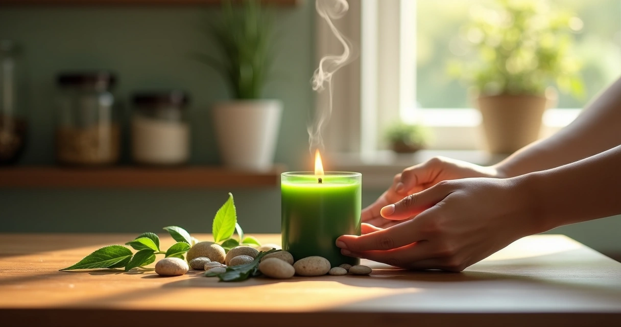 Mãos acendendo uma vela verde em ambiente tranquilo 