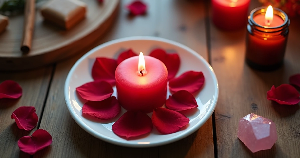 Mesa preparada para ritual com vela vermelha, pétalas de rosa e cristal rosado 