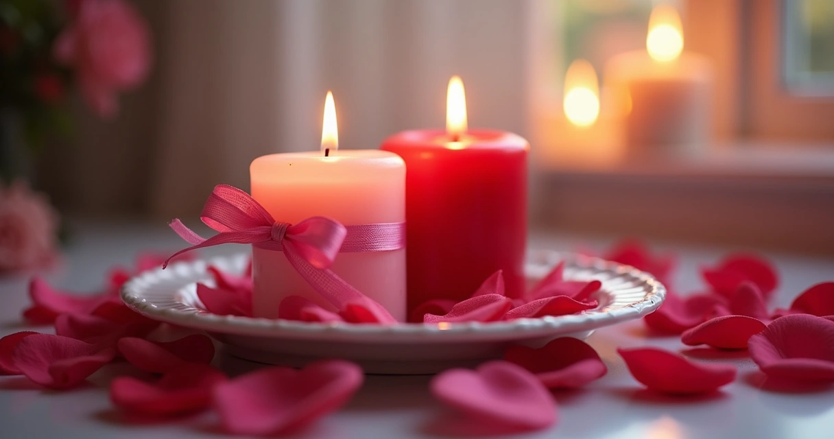 Duas velas, uma rosa e uma vermelha, unidas e acesas em prato com laço de fita 