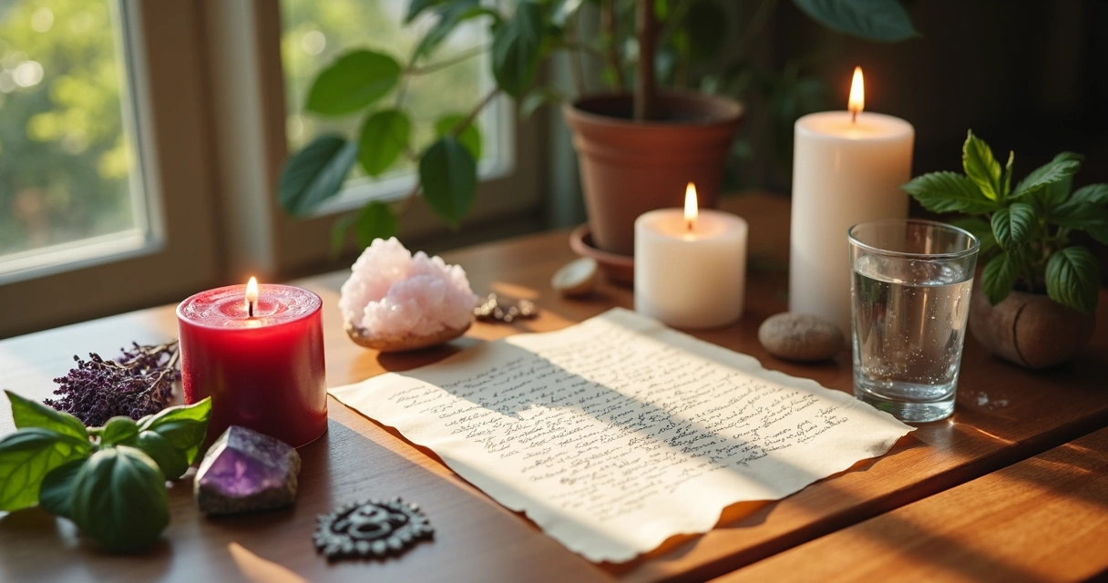Velas, cristais e ervas em um altar espiritual 