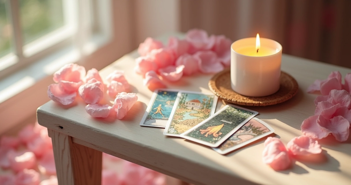 Vela acesa, cristal e cartas de tarot em uma mesa delicada 