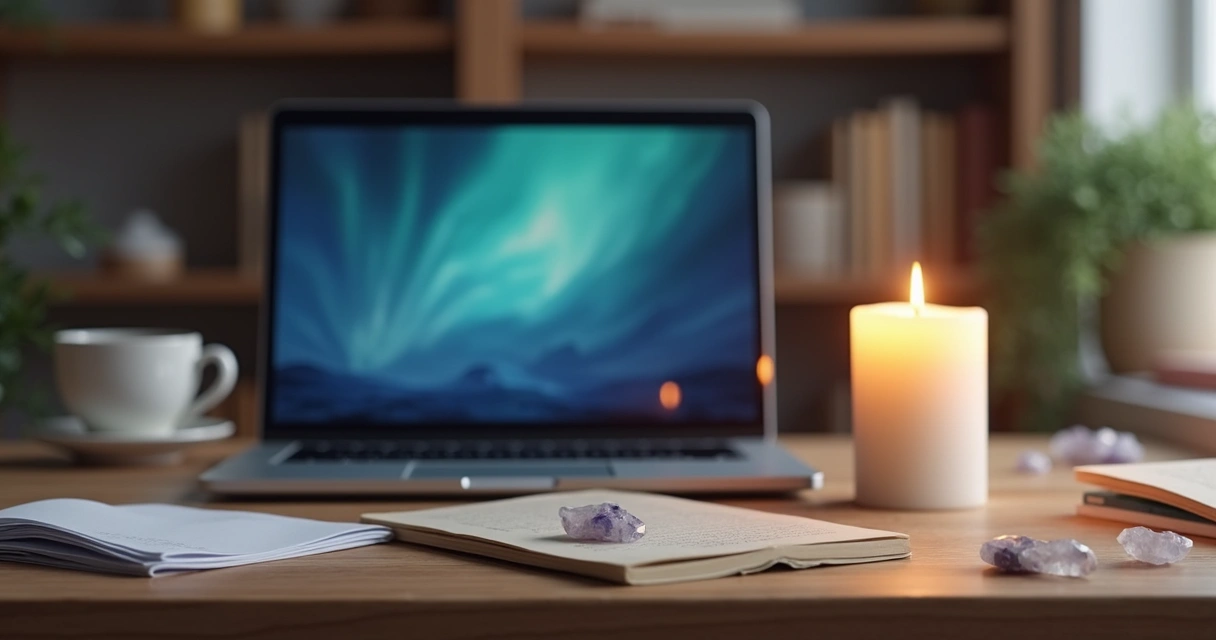 Vela acessa ao lado de computador em mesa de escritório 
