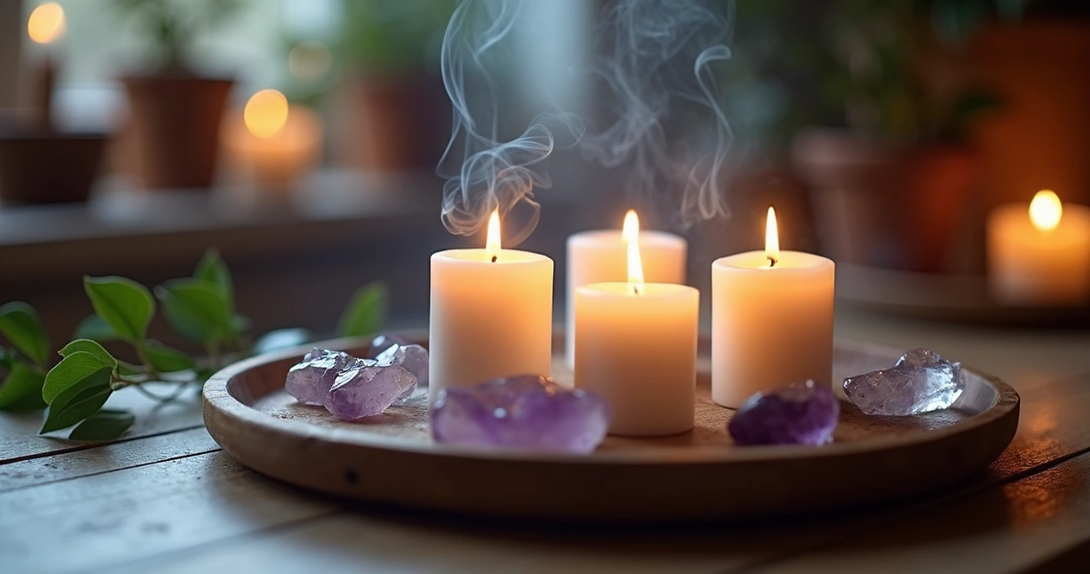 Velas acesas, incensos queimando e cristais em altar