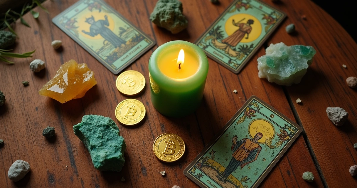 Vela verde, pedras de prosperidade e cartas de tarot em círculo 