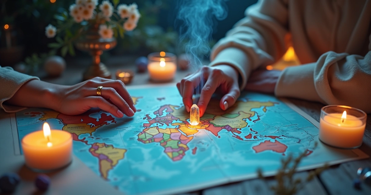 Ritual esotérico com cristais, mapa e passaporte sobre mesa