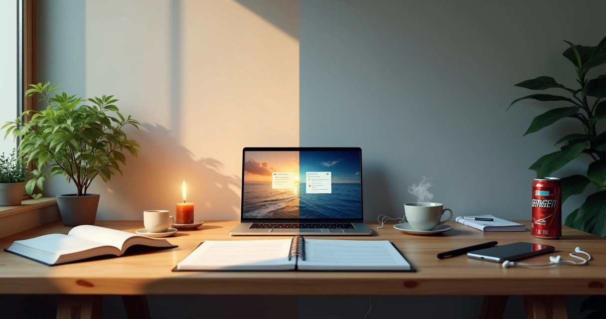 Split desk scene contrasting mindful ritual with automatic routine 